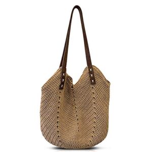 qtkj hand-woven soft boho women’s summer crochet beach shoulder bag pu leather handle woven handbag for women (brown)