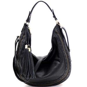 boho tassel expandable soft vegan leather straw large hobo bag purse handbag (lightweight laser-cut hobo – zblack)
