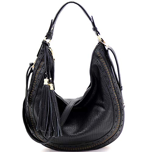 Boho Tassel Expandable Soft Vegan Leather Straw Large Hobo Bag Purse Handbag (Lightweight Laser-cut Hobo - ZBlack)