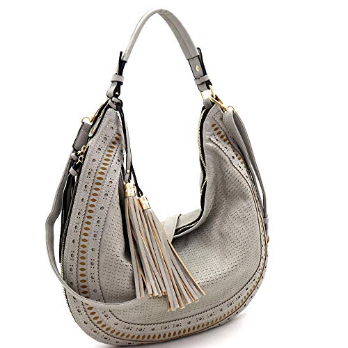 Boho Tassel Expandable Soft Vegan Leather Straw Large Hobo Bag Purse Handbag (Lightweight Laser-cut Hobo - ZBlack)