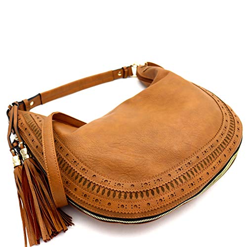 Boho Tassel Expandable Soft Vegan Leather Straw Large Hobo Bag Purse Handbag (Lightweight Laser-cut Hobo - ZBlack)