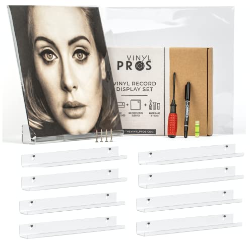 Vinyl Record Display Set - 8 Pack Acrylic Shelf Wall Mount and Protective Sleeves - 8 Clear Vinyl Shelves and 8 Album Protective Sleeves, Installation Tools Included