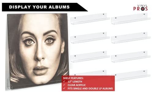 Vinyl Record Display Set - 8 Pack Acrylic Shelf Wall Mount and Protective Sleeves - 8 Clear Vinyl Shelves and 8 Album Protective Sleeves, Installation Tools Included