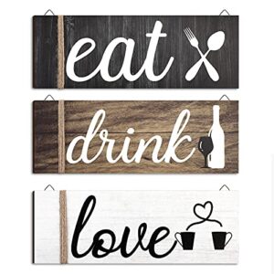 jetec 3 pcs farmhouse kitchen wall decor eat sign rustic wooden kitchen sign wood home sign eat drink love sign with hanging hole for home kitchen dining living room bar cafe decor (classic color)