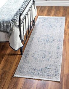 unique loom noble collection country, traditional, distressed, vintage, geometric, border, medallion area rug, 2′ 7″ x 9′ 11″, blue/beige