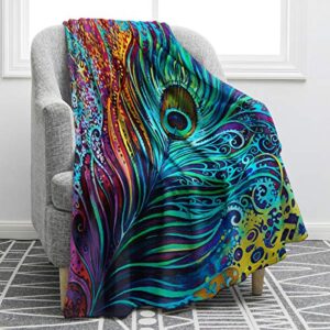 jekeno peacock feathers colorful blanket soft warm print throw blanket for women adults gift 50″x60″