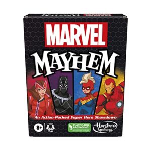 marvel mayhem-card game, featuring super heroes, fun game for marvel fans ages 8+, fast-paced, easy-to-learn for 2-4 players