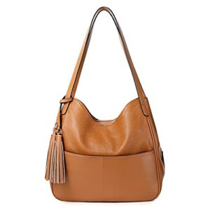 S-ZONE Women Shoulder Bag Leather Hobo Purse Medium Handbag Multi-pocket Tote with Tassel