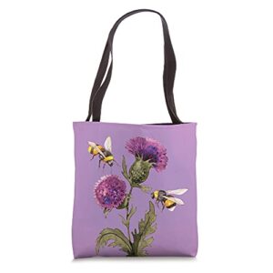 scottish thistle and bumblebees for bee lover purple tote bag