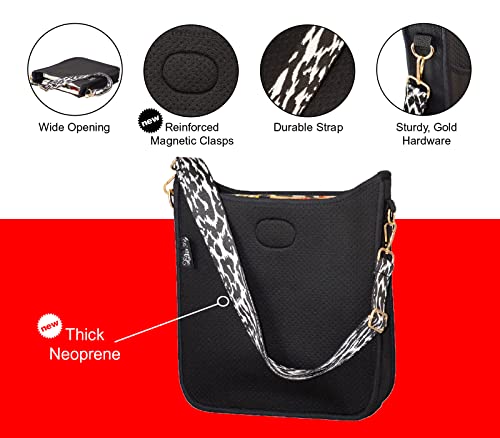 Pinafore Black Crossbody Neoprene Messenger Bag for Women - Multipurpose Fashion Handbag with Adjustable Shoulder Guitar Strap - Perfect Travel Purse for Women - Durable and Machine Washable