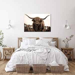 Nachic Wall Animal Canvas Wall Art Sepia Highland Cow Pictures Prints Longhorn Cattle Wall Painting Art Poster Vintage Artwork Living Room Farmhouse Wall Decoration 24x36
