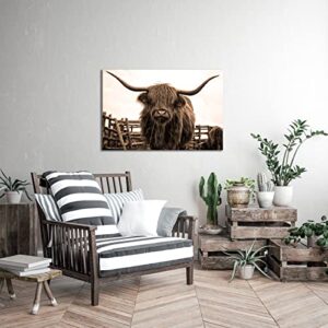 Nachic Wall Animal Canvas Wall Art Sepia Highland Cow Pictures Prints Longhorn Cattle Wall Painting Art Poster Vintage Artwork Living Room Farmhouse Wall Decoration 24x36