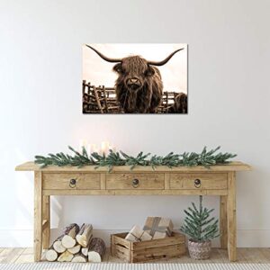 Nachic Wall Animal Canvas Wall Art Sepia Highland Cow Pictures Prints Longhorn Cattle Wall Painting Art Poster Vintage Artwork Living Room Farmhouse Wall Decoration 24x36