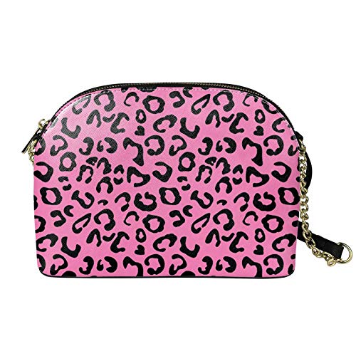 STUOARTE Pink Leopard Print School Kids Handbag Teen Girls Leather Shell Messenger Bag for Women Travel Portable Medium Crossbody Bags, Black Cross Body Bags, Zipper Shoulder Tote