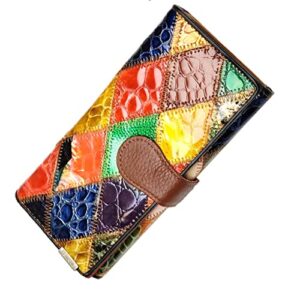 aslana women’s genuine leather wallet patent leather retro vintage patchwork embossed flower floral wristlet clutch bag (long, long, trifold patent leather diamond)