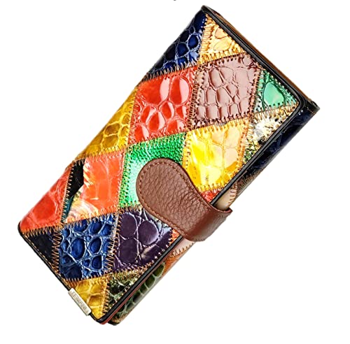 Aslana Women's Genuine Leather Wallet Patent Leather Retro Vintage Patchwork Embossed Flower Floral Wristlet Clutch Bag (Long, Long, Trifold Patent Leather Diamond)