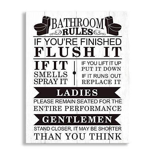 Kas Home Bathroom Canvas Wall Art | Rustic Bathroom Funny Rules Prints Signs Framed | Wood Background Bathroom Laundry Room Decor