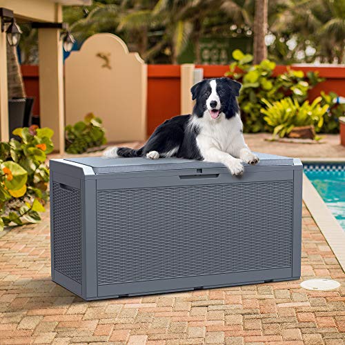 YITAHOME 100 Gallon Large Resin Deck Box Outdoor Storage with Cushion for Patio Furniture, Outdoor Cushions, Garden Tools and Pool Supplies-Waterproof,Lockable (Dark Grey)