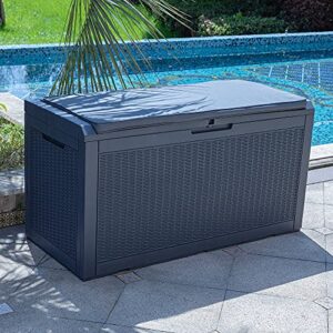 YITAHOME 100 Gallon Large Resin Deck Box Outdoor Storage with Cushion for Patio Furniture, Outdoor Cushions, Garden Tools and Pool Supplies-Waterproof,Lockable (Dark Grey)