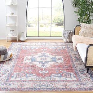 SAFAVIEH Serapi Collection Machine Washable 9' x 12' Red/Ivory Boho Chic Oriental Medallion Living Room Bedroom Dining Area Rug