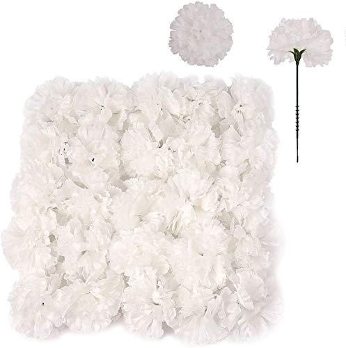 Floral Home Silk Carnation Picks | Artificial Flower Heads for Weddings, Decorations, DIY Decor and More (3.5" White Carnation Heads, 5" Stems), Pack of 100