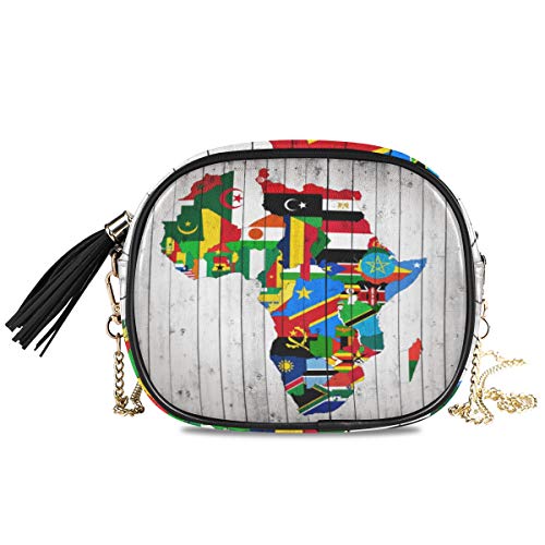 ALAZA Women's Africa Continent Flag Map Wood Cross Body Bag Chain Shoulder Handbag Purse with Tassel