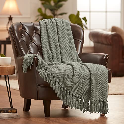 Chanasya Textured Knitted Super Soft Throw Blanket with Tassels - Warm Fluffy Cozy Plush Knit - for Couch Bed Sofa Living Room Framhouse Boho Sage Green Accent Decor (50x65 Inches) Tansage Blanket