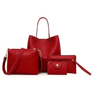 4pcs women fashion bags set – pu leather handbag shoulder bags wallet satchel purse (red -a)
