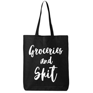 groceries and shit cotton canvas tote bag in black – one size