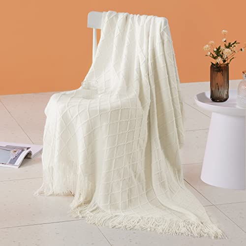Touchat Knitted Throw Blankets for Couch, Sofa and Bed, Lightweight Soft Knit Blanket with Tassel, Decorative Cozy Farmhouse Throw Blankets for Women and Man 50"x60", Cream Off White