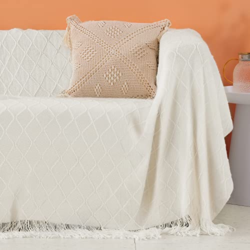 Touchat Knitted Throw Blankets for Couch, Sofa and Bed, Lightweight Soft Knit Blanket with Tassel, Decorative Cozy Farmhouse Throw Blankets for Women and Man 50"x60", Cream Off White