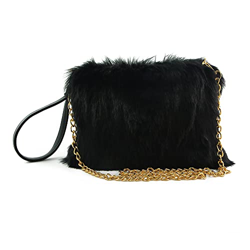 ZOSCGJMY Evening Faux Fur Handbags for Women Furry Fluffy Fuzzy Bags Purse Crossbody Shoulder Strap (Black)