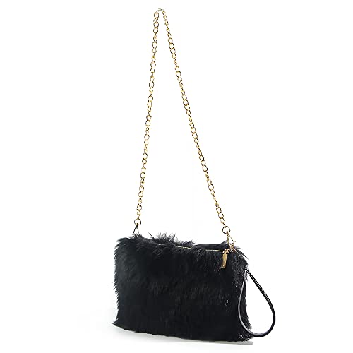 ZOSCGJMY Evening Faux Fur Handbags for Women Furry Fluffy Fuzzy Bags Purse Crossbody Shoulder Strap (Black)