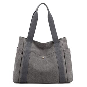 women’s canvas tote handbags multi-pocket retro casual shoulder bag top handle satchel tote purse gray