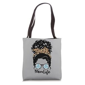 mom life messy bun curly hair volleyball player mom tote bag
