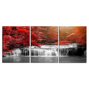 visual art decor 3 pieces black white and red canvas wall art red forest waterfall poster print landscape picture framed artwork for office and home decor ready to hang 12x16inchx3pcs