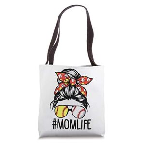 dy mom life softball baseball mothers day messy bun tote bag