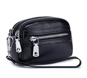 genuine leather mini genuine leather coin pouch wallet wristlet handbag hand strap clutch (black)