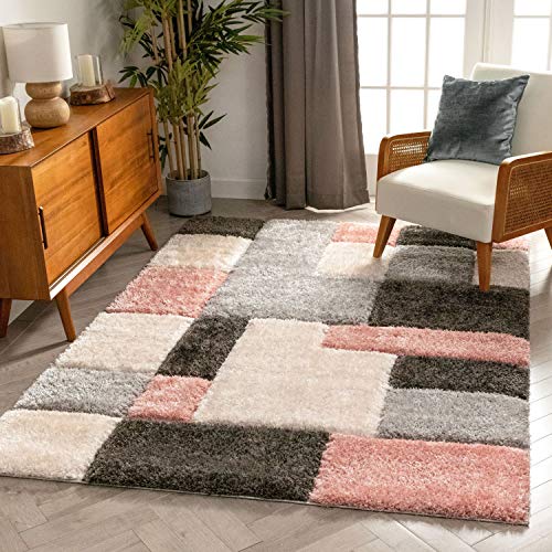 Well Woven San Francisco Escondido Blush Modern Geometric 3D Textured Thick and Soft Shag 3'11" x 5'3" Area Rug