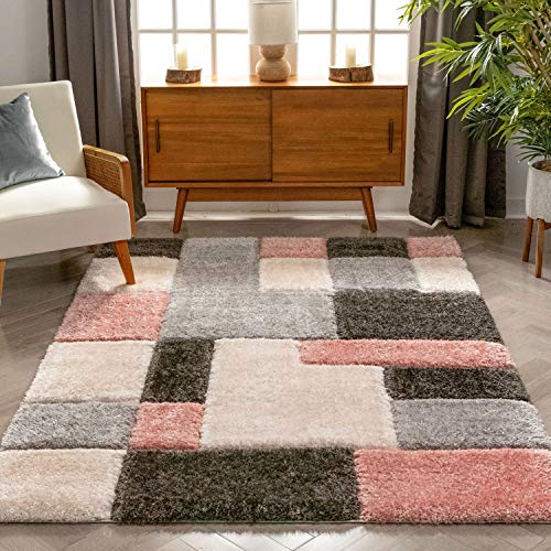 Well Woven San Francisco Escondido Blush Modern Geometric 3D Textured Thick and Soft Shag 3'11" x 5'3" Area Rug