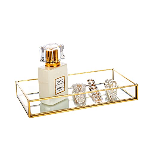 Feyarl Gold Clear Glass Vanity Tray Jewelry Trinket Rings Earrings Organizer Perfume Collection Display Decorative Tray for Dressr Drawer Office Tabletop (7.87Inch)