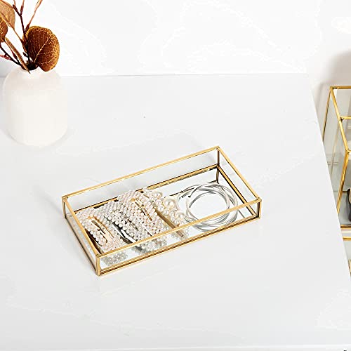 Feyarl Gold Clear Glass Vanity Tray Jewelry Trinket Rings Earrings Organizer Perfume Collection Display Decorative Tray for Dressr Drawer Office Tabletop (7.87Inch)