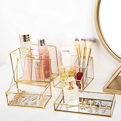 Feyarl Gold Clear Glass Vanity Tray Jewelry Trinket Rings Earrings Organizer Perfume Collection Display Decorative Tray for Dressr Drawer Office Tabletop (7.87Inch)
