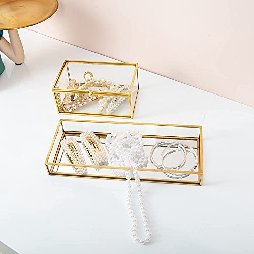 Feyarl Gold Clear Glass Vanity Tray Jewelry Trinket Rings Earrings Organizer Perfume Collection Display Decorative Tray for Dressr Drawer Office Tabletop (7.87Inch)