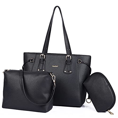 Tote handbag women purse set: leather multi-pocket crossbody zipper bags chain shoulder strap hobo Satchel wallet 3pcs - 2black