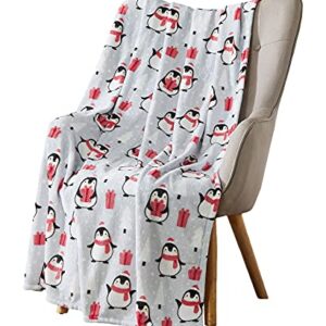 Holiday Christmas Throw Blanket: Soft Cute Winter Penguins with Presents Snuggle Accent for Sofa Couch Chair Bed or Dorm