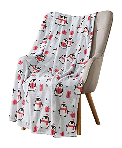 Holiday Christmas Throw Blanket: Soft Cute Winter Penguins with Presents Snuggle Accent for Sofa Couch Chair Bed or Dorm