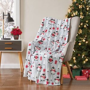 Holiday Christmas Throw Blanket: Soft Cute Winter Penguins with Presents Snuggle Accent for Sofa Couch Chair Bed or Dorm