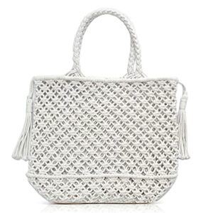 qtkj hand-woven cotton crochet bag women’s summer beach tote bag crochet clutch bag woven envelope bag with cute tassel (white)