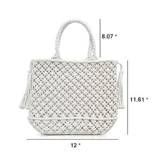 QTKJ Hand-Woven Cotton Crochet bag Women's Summer Beach Tote Bag Crochet Clutch Bag Woven Envelope Bag with Cute Tassel (White)